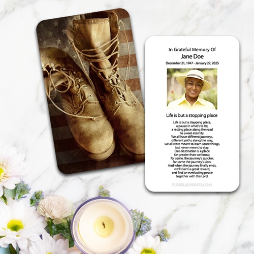 Show details for Flag & Boots 2 Spanish Prayer Card