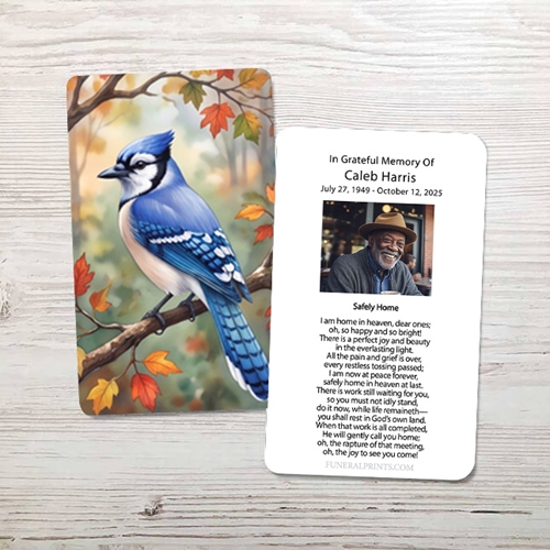 Show details for Fall Leaves Blue Jay Memorial Card