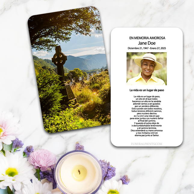 Show details for XX Glendaloug Celtic Cross Spanish Prayer Card