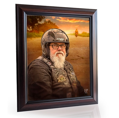 Show details for Framed Memorial Portrait - Motorcycle Sunset Lifescapes Background