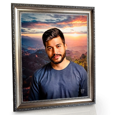 Show details for Framed Memorial Portrait - Ember Peaks Lifescape Background
