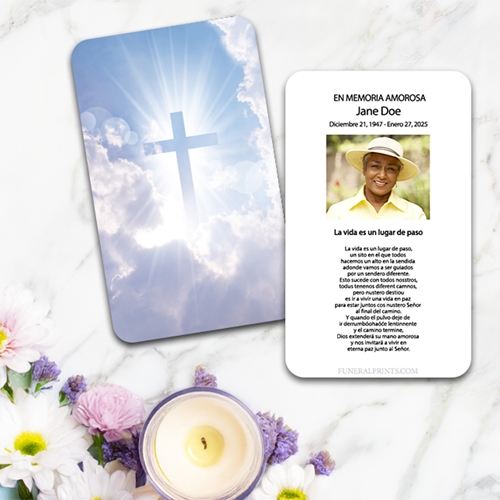 Show details for Cross in Clouds Spanish Prayer Card